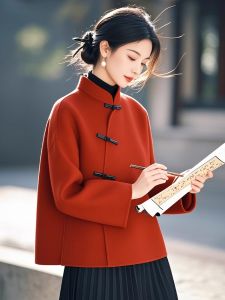 Red Double-Sided Woolen Jacket New Chinese Style Stand Collar Button Design Womens Fashionable Top for Autumn Winter