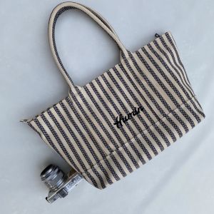 Large Capacity Handbag Womens Shoulder Bag Color Woven Black White Embroidery Japanese Style Cotton Tote Bag for Daily Use