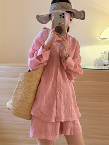 Shalldoer | Pink Linen Set Women Summer Lazy Style Loose Slimming Casual Sunscreen Shirt Short Pants Two Piece Set V-neck Long Sleeve Button
