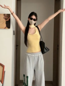 YUEZHONGWEI | French Style Halter Neck Yellow Strap Vest Women Summer Outfit Slimming Short Sleeveless Belted Top Commute Fashion Trend