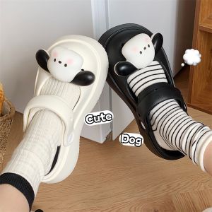 Korean Style Mary Jane Doggies Clog Shoes Womens Holiday Anti-Slip Beach Shoes Head Cover Half Slippers Cute Cartoon Pattern
