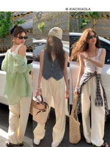 Summer Thin Cotton Wide Leg Pants Womens Casual Loose Drapey Floor-Length Trousers Comfortable High Waist Long Pants