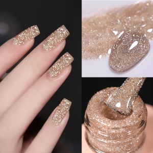ยาทาเล็บเจลกลิตเตอร์สีแชมเปญโกลด์ 15 มล. เงางาม ติดทนนาน แบบลอกออกได้ด้วยน้ำยาล้างเล็บ สำหรับตกแต่งเล็บด้วยแสงยูวี