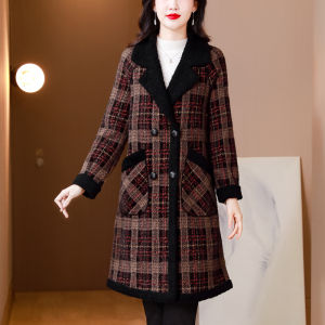 MAIMEI | Womens Plaid Woolen Coat Autumn Winter Thickened Fleece Lined Midi Length High Waist Style Korean Fashion Double Breasted Button