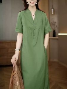 Artistic Pure Color Cotton Linen Breathable Short Sleeve Dress Large Size Women Fashion V Neck Casual mid Length Skirt