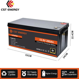 12V 280Ah LiFePO4 Battery with Bluetooth App Monitoring & Built-in BMS – 6000 Cycles Deep Cycle Grade A Cells for Solar Panel Storage Home Backup Power RV Camping Marine Boat Trolling Motor Off Grid Cabin Brownout Protection