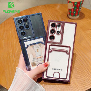 FLOVEME Plating Card Slot Phone Case For Samsung S23 Ultra S22 Plus S21 Ultra S20 FE A53 A52 5G A72 A32 A73 A13 A71 A51 Transparent Lans Protection Bumper Shockproof Back Cover For Samsung Note20 Ultra Note10 Pro