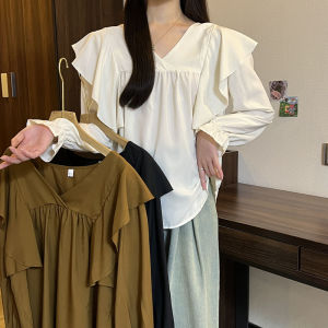 เสื้อเบลาส์ลำลองรอยจีบขนาดใหญ่พิเศษวินเทจเกาหลีแขนพอง