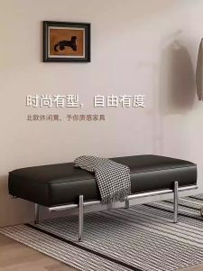 Luxury Italian Style Stainless Steel Leather Designer Long Bench Home Entrance Door Slipper Bench Modern Minimalist Bed End Bench
