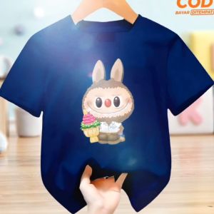 Pakaian Kaos Atasan Anak Bergambar Labubu Bunga Usia 1-12 Tahun Lengan Pendek Bahan Babyterry