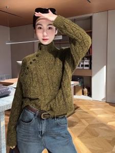 SUSHE | Asymmetric Offset Buttoned Houndstooth High Neck Wool Rabbit Hair Knit Sweater