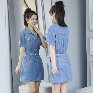 ชุดเดรสยีนส์แขนสั้นเอวสูงสไตล์เกาหลีสำหรับผู้หญิง ชุดเดรสฤดูใบไม้ผลิและฤดูร้อน กระโปรงทรงเอ แขนสั้น กระโปรงสั้น