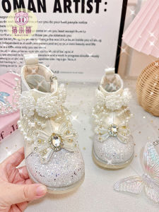 Girl White Ankle Boots Fall and Winter Pearl Rhinestone Tassel Boots Princess Little Girl Fleece-Lined Leather Boots Childrens Shoes