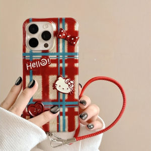 Red And Blue Plaid 3D Cat Lanyard Compatible with Xiaomi Note14Pro Phone Case Note12Turbo Protective Cover Note13 Anti-Fall Silicone Note10 Transparent Glacier Pattern Soft Shell