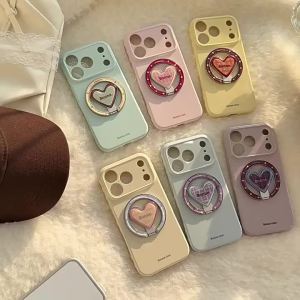 Luxury Candy Colors Fold Love Heart Plaid Bracket Magnetic Phone Case For iPhone 17 16 15 14 13 12 Pro Max Shockproof Soft Cover