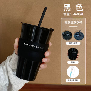 High Temperature Resistant Glass Cup for Home Use Womens Version with Lid Straw Cup Creative Design Black round Shape 460ml
