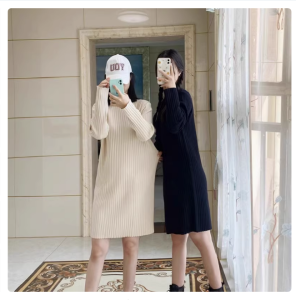 Hebe Style Long Knitted Sweater Dress with Fur Collar Winter Ankle-length Womens Base Layer Dress Straight Tube Skirt