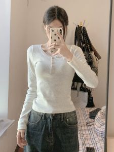 Áo Thun Nữ Dáng Ôm Tay Dài Màu Trắng Mùa Thu Phong Cách Mới Ngắn Cổ Tròn Chất Liệu Cotton Thời Trang Đường Phố
