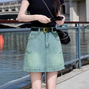 High Waist Denim Mini Skirt Womens Summer New Style 2024 Retro A-Line Bodycon Skirt Anti-Light Half-length Skirt