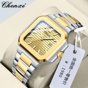 CHENXI ผู้ชาย Jam Tangan Tanggal สแตนเลสสตีลสี่เหลี่ยมนักธุรกิจผู้ชายนาฬิกาข้อมือควอตซ์กันน้ำคนลำลอง