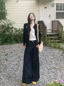 Quần Jeans Denim Ống Rộng Cạp Cao Màu Xanh Đậm Phong Cách Retro Cho Nữ Quần Dài Dài Đến Sàn Thời Trang Mùa Thu