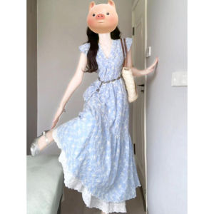 CHANGTONG | French Indigo Style Blue Floral Slimming Dress