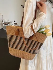 Summer 2025 Commuter Large Capacity Straw Woven Bag Ladies Fashion Beach Shoulder Bag Stripe Pattern Versatile Single Shoulder