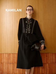 Elegant French Style Embroidered A-Line Dress Womens Autumn New Arrival Long Midi Skirt Standard Fit Casual Daily Wear