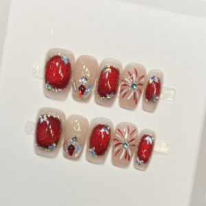 10pcs Cat Eyes Firework Red False Nails Romantic DIY Handmade Square Press on Nails for Women Party Wedding Wearing