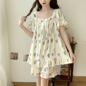 plus Size Ice Silk Short Sleeve Sleepwear Womens Summer Lightweight Home Clothes Set with Cool Feeling Modal Fabric Shorts