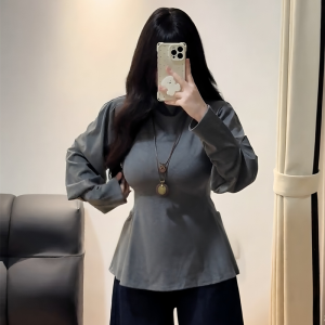 plus Size Grey High Neck Lantern Sleeve Knitted Base Shirt Women Early Autumn Slimming Waist Cinched Long Sleeve Top