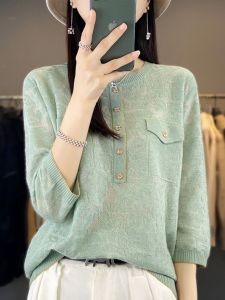 Womens Hollow out Knitted Top Thin Sleeveless mid Sleeve Seven Sleeve T-Shirt Base Shirt Commute Style Slim Fit V-Neck Regular Length