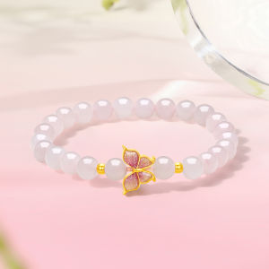 ZHOU LIU FU 周六福 24K Solid Gold Rose Quartz Bracelet Cute Pink Enamel Butterfly Charm Natural Gemstones Stretch Bracelet for Women Girl 17cm A1913620