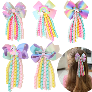 Sweet Unicorn คลิปผมสําหรับสาวโบว์ Barrette น่ารักพู่ริบบิ้น CURLY ผมหางม้า Hairpins อุปกรณ์เสริม