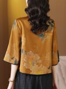 New Chinese Style Chinese Style Tops Xiangyun Yarn Small Shirt Womens Led Floral Tops Half Sleeve Three-Quarter Sleeve Silk Shirt Womens