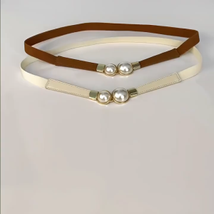 BECORATE Stretch Belt Adjustable Double Pearl Belt Leather Dress Skirt Waist Elastic Slim Womens Belts