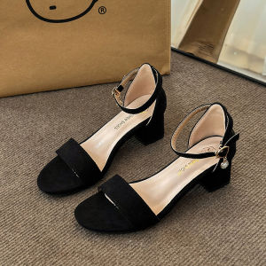 IELGY Fashion Sandals Womens Summer French Open-toe Temperament Versatile Black Chunky High Heel