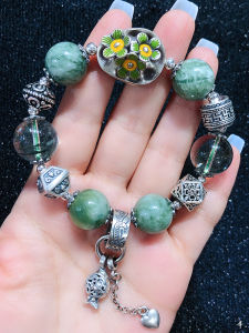 New Chinese Style Heavy Work Turquoise Crystal Silver Bracelet Natural Green Ghost Full Sky Star Souterrain Milk Cover Original Design Pure Silver