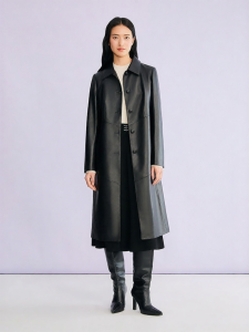 French Style Turn-down Collar Mid-length Genuine Leather Jacket