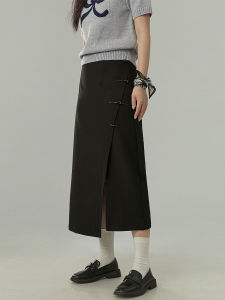New Chinese Style Black Button Half Skirt Women Summer Retro Design Sense Slit A-Line Skirt High Waist Mid-Length Polyester Spandex