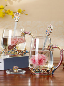 Luxurious European Style Enamel Glass Tea Cup with Lid and Spoon