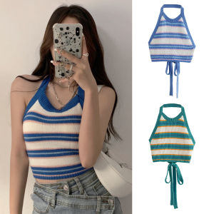 FRAN Summer Slim-fit Striped Halter Neck Camisole Women's Outerwear Knitted Top COD