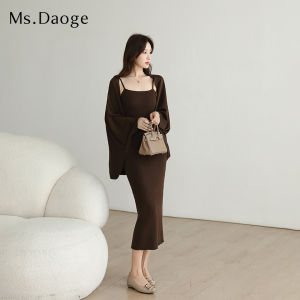Ms.Daoge Knitted Dress Set with Open Cardigan Cover up Two Piece Womens Long Sleeve High Waist H Type Autumn Fashionable