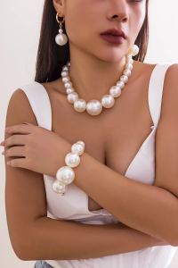 Ingemark | 2Pcs Womens Exaggerated Big Imitation Pearl Choker Necklace And Bracelet Set Goth Steampunk Grunge Maxi Chain Jewelry