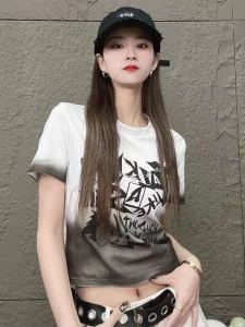 Plus Size American Style Gradient Color Letter Print Short Sleeve T-Shirt for Women Summer Slim Fit Slimming Regular Sleeve Crewneck Top