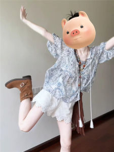 Bộ Đồ Hai Mảnh Quần Short Viền Hoa Xanh Cho Nữ Mùa Hè Thiết Kế Rộng Rãi in Họa Tiết Búp Bê Áo Sơ Mi Tay Ngắn