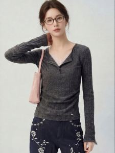 Fake Two-Piece Lace Splicing Waist-Tightening Slim Long Sleeve T-Shirt