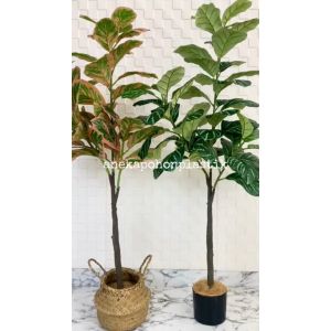 Pohon Hias Tanaman Daun Karet Merah Muda / Hijau Tua X3 T140 Latex Artificial Pot Dasar Cover Purun Belly Borneo Dekorasi Studio