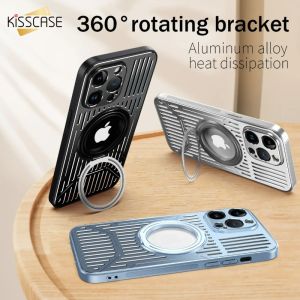 Kisscase Sang Trọng Làm Mát Kim Loại Rỗng Magsafe 360 ° Chân đế quay vỏ điện thoại Cho Iphone15 14 13 12 Pro Max Cho Magsafe Sạc Không Dây Cover Quay Lại