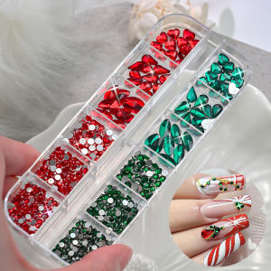12Grids 3D Christmas Red&Green Glass Nail Art Rhinestones Random Mixed RoundDropLove Gem Nail Charms Xmas Nail Art Decorations
